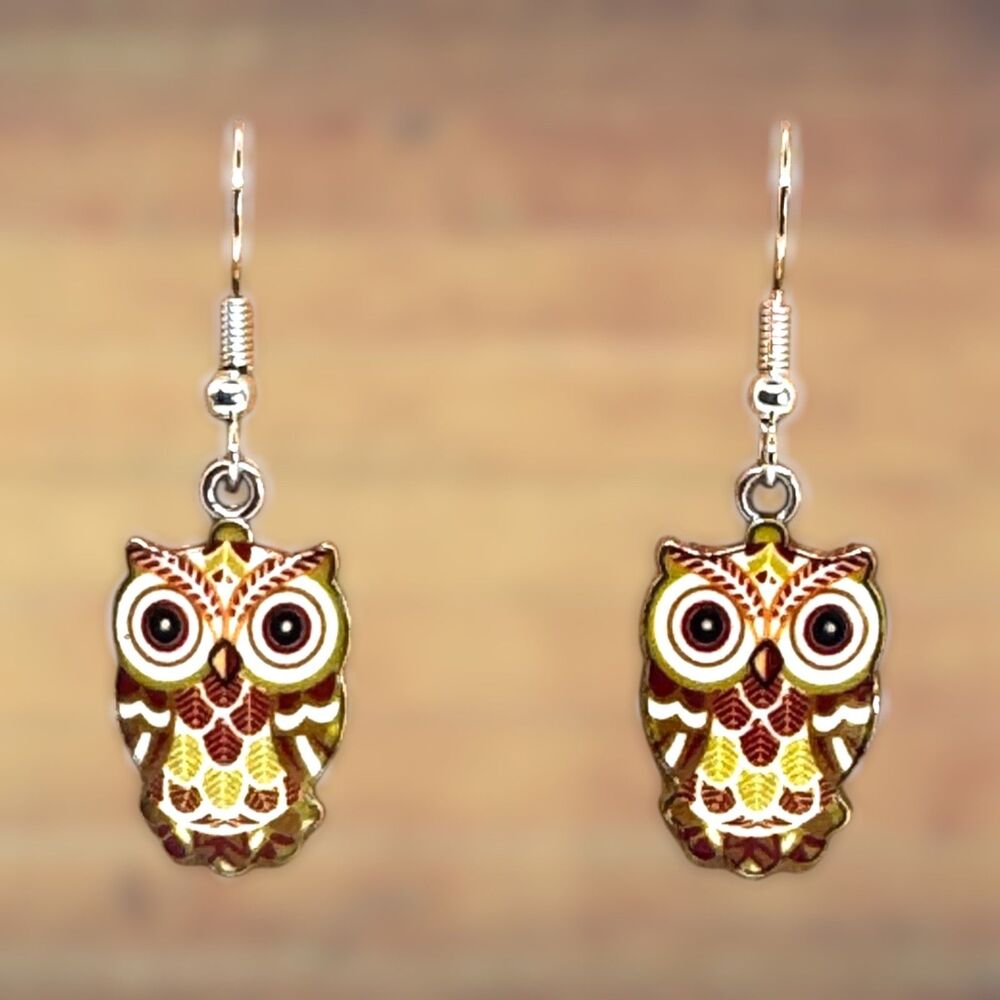 Enamel Silver Owl Hook Earrings #2109 - Picture 4 of 5